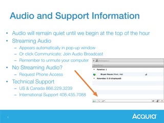 Audio and Support Information!
•  Audio will remain quiet until we begin at the top of the hour
•  Streaming Audio
–  Appears automatically in pop-up window
–  Or click Communicate: Join Audio Broadcast
–  Remember to unmute your computer

•  No Streaming Audio?
–  Request Phone Access

•  Technical Support
–  US & Canada 866.229.3239
–  International Support 408.435.7088

1

 