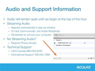 1
Audio and Support Information!
•  Audio will remain quiet until we begin at the top of the hour
•  Streaming Audio
–  Appears automatically in pop-up window
–  Or click Communicate: Join Audio Broadcast
–  Remember to unmute your computer
•  No Streaming Audio?
–  Request Phone Access
•  Technical Support
–  US & Canada 866.229.3239
–  International Support 408.435.7088
 