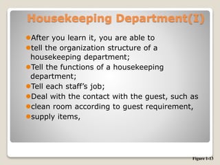 Housekeeping Department(I)
After you learn it, you are able to
tell the organization structure of a
housekeeping department;
Tell the functions of a housekeeping
department;
Tell each staff’s job;
Deal with the contact with the guest, such as
clean room according to guest requirement,
supply items,
Figure 1-13
 