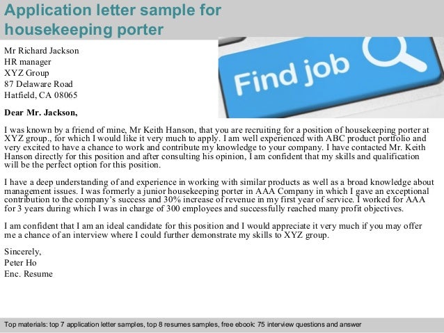 Housekeeping porter application letter