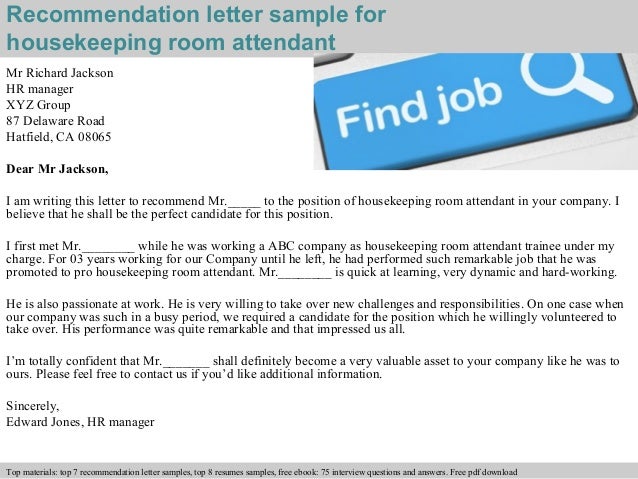 housekeeping room attendant recommendation letter recommendation letter for housekeeper
