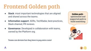 Frontend Golden path
● Stack: most important technologies that are aligned
and shared across the teams.
● Information support: ADRs, TechRadar, best-practices,
Slack channel, PR reviews.
● Governance: Developed in collaboration with teams,
owned by the Platform org.
Teams can deviate but they have to pay extra costs!
Golden path -
opinionated and
supported path to
build something
 