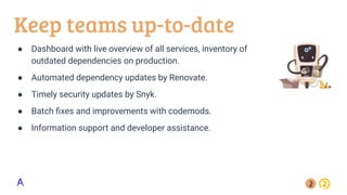 Keep teams up-to-date
● Dashboard with live overview of all services, inventory of
outdated dependencies on production.
● Automated dependency updates by Renovate.
● Timely security updates by Snyk.
● Batch ﬁxes and improvements with codemods.
● Information support and developer assistance.
 