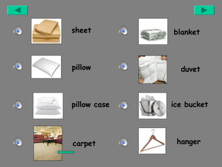 sheet

blanket

pillow

duvet

pillow case

carpet

ice bucket

hanger

 