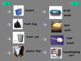 bucket

scrub
brush

trash bag

dust
cloth

trash can

bowl
brush

plastic liner

housekeeping
cart

 