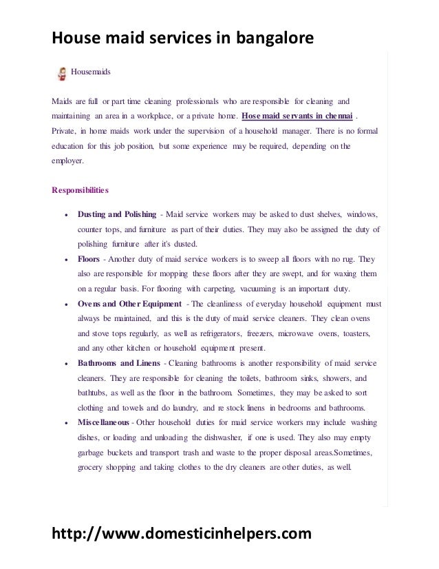 House maid services in chennai & bangalore