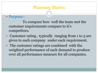 Planning Matrix
 Purpose:-
To compare how well the team met the
customer requirements compare to it’s
competitors.
 Customer rating , typically ranging from 1 to 5 are
given to each company under each requirement.
 The customer ratings are combined with the
weighted performance of each demand to produce
over all performance measure for all companies.
 