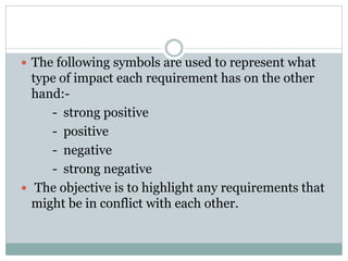  The following symbols are used to represent what
type of impact each requirement has on the other
hand:-
- strong positive
- positive
- negative
- strong negative
 The objective is to highlight any requirements that
might be in conflict with each other.
 