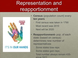 Representation and
 reapportionment
     • Census (population count) every
       ten years
      • First census was taken in 1790
      • Most recent was 2010
      • Next will be 2020

     • Reapportionment- pop. of each
       state (based on census)
       determines new number of
       representatives
      • Some states lose reps
      • Some states gain reps
      • Total number always remain 435-
 