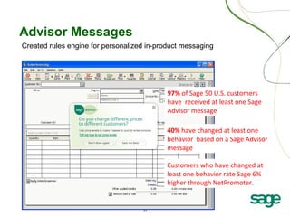 11
Advisor Messages
Created rules engine for personalized in-product messaging
97% of Sage 50 U.S. customers
have received at least one Sage
Advisor message
40% have changed at least one
behavior based on a Sage Advisor
message
Customers who have changed at
least one behavior rate Sage 6%
higher through NetPromoter.
 
