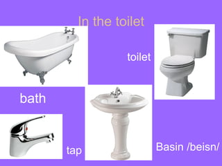 In the toilet

                  toilet


bath


       tap                 Basin /beisn/
 