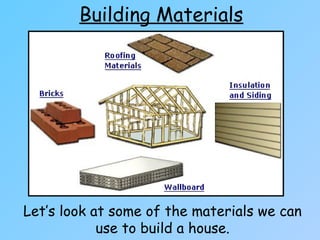 Building Materials
Let’s look at some of the materials we can
use to build a house.
 