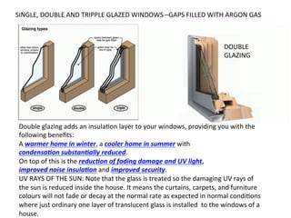 SINGLE,	
  DOUBLE	
  AND	
  TRIPPLE	
  GLAZED	
  WINDOWS	
  –GAPS	
  FILLED	
  WITH	
  ARGON	
  GAS	
  	
  
Double	
  glazing	
  adds	
  an	
  insulaOon	
  layer	
  to	
  your	
  windows,	
  providing	
  you	
  with	
  the	
  
following	
  beneﬁts:	
  
A	
  warmer	
  home	
  in	
  winter,	
  a	
  cooler	
  home	
  in	
  summer	
  with	
  
condensa1on	
  substan1ally	
  reduced.	
  
On	
  top	
  of	
  this	
  is	
  the	
  reduc1on	
  of	
  fading	
  damage	
  and	
  UV	
  light,	
  
improved	
  noise	
  insula1on	
  and	
  improved	
  security.	
  
UV	
  RAYS	
  OF	
  THE	
  SUN:	
  Note	
  that	
  the	
  glass	
  is	
  treated	
  so	
  the	
  damaging	
  UV	
  rays	
  of	
  
the	
  sun	
  is	
  reduced	
  inside	
  the	
  house.	
  It	
  means	
  the	
  curtains,	
  carpets,	
  and	
  furniture	
  
colours	
  will	
  not	
  fade	
  or	
  decay	
  at	
  the	
  normal	
  rate	
  as	
  expected	
  in	
  normal	
  condiOons	
  
where	
  just	
  ordinary	
  one	
  layer	
  of	
  translucent	
  glass	
  is	
  installed	
  	
  to	
  the	
  windows	
  of	
  a	
  
house.	
  
DOUBLE	
  
GLAZING	
  
 