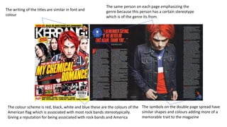 The writing of the titles are similar in font and
colour
The colour scheme is red, black, white and blue these are the colours of the
American flag which is associated with most rock bands stereotypically.
Giving a reputation for being associated with rock bands and America
The same person on each page emphasizing the
genre because this person has a certain stereotype
which is of the genre its from.
The symbols on the double page spread have
similar shapes and colours adding more of a
memorable trait to the magazine
 