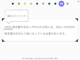 All Copyrights reserved by akihiro_0228, 2015
128
#9
#402  請求書の⽀支払いが⾏行われる前には、⽀支払いの⽇日付は  
請求書の⽇日付より後になっている必要があります。
謎のエラーコード
 