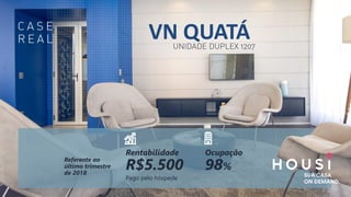 Pago pelo hóspede
Rentabilidade
R$5.500
Ocupação
98%
Referente ao
último trimestre
de 2018
VN QUATÁ
 