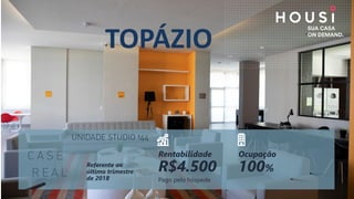 Referente ao
último trimestre
de 2018 Pago pelo hóspede
Rentabilidade
R$4.500
Ocupação
100%
TOPÁZIO
 