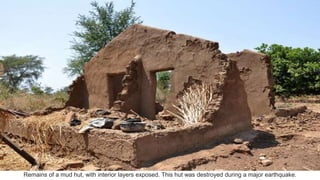 Remains of a mud hut, with interior layers exposed. This hut was destroyed during a major earthquake.
 
