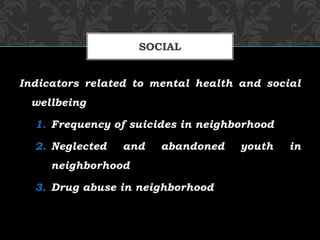 Indicators related to mental health and social
wellbeing
1. Frequency of suicides in neighborhood
2. Neglected and abandoned youth in
neighborhood
3. Drug abuse in neighborhood
SOCIAL
 