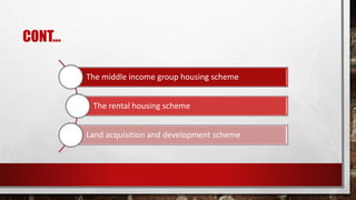 CONT…
The middle income group housing scheme
The rental housing scheme
Land acquisition and development scheme
 
