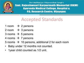 Accepted Standards
1 room → 2 persons
2 room → 3 persons
3 rooms → 5 persons
4 rooms → 7 persons
5 rooms → 10 persons, additional 2 for each room
• Baby under 12 months not counted.
• 1year child counted as 1/2 unit.
 