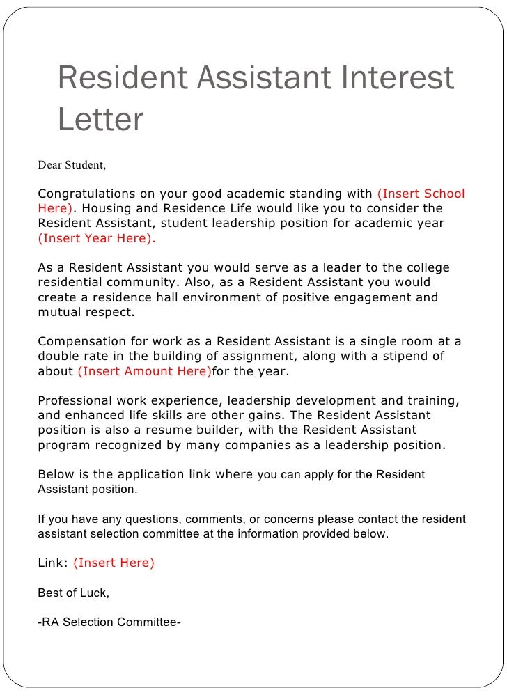 housing and residence life portfolio resident assistant recommendation letter