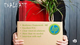 EVALUATE 
• 
ResilienceFramework : IRF 
• 
Excellent POC 
• 
Clearvision& solutions 
• 
More thanwe needed 
• 
Interview withstaff  