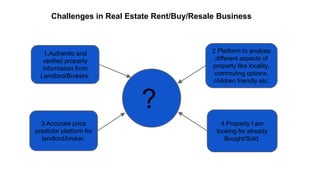 Challenges in Real Estate Rent/Buy/Resale Business
?
1.Authentic and
verified property
information from
Landlord/Brokers.
3.Accurate price
predictor platform for
landlord/broker.
4.Property I am
looking for already
Bought/Sold.
2 Platform to analyse
different aspects of
property like locality,
commuting options,
children friendly etc.
 