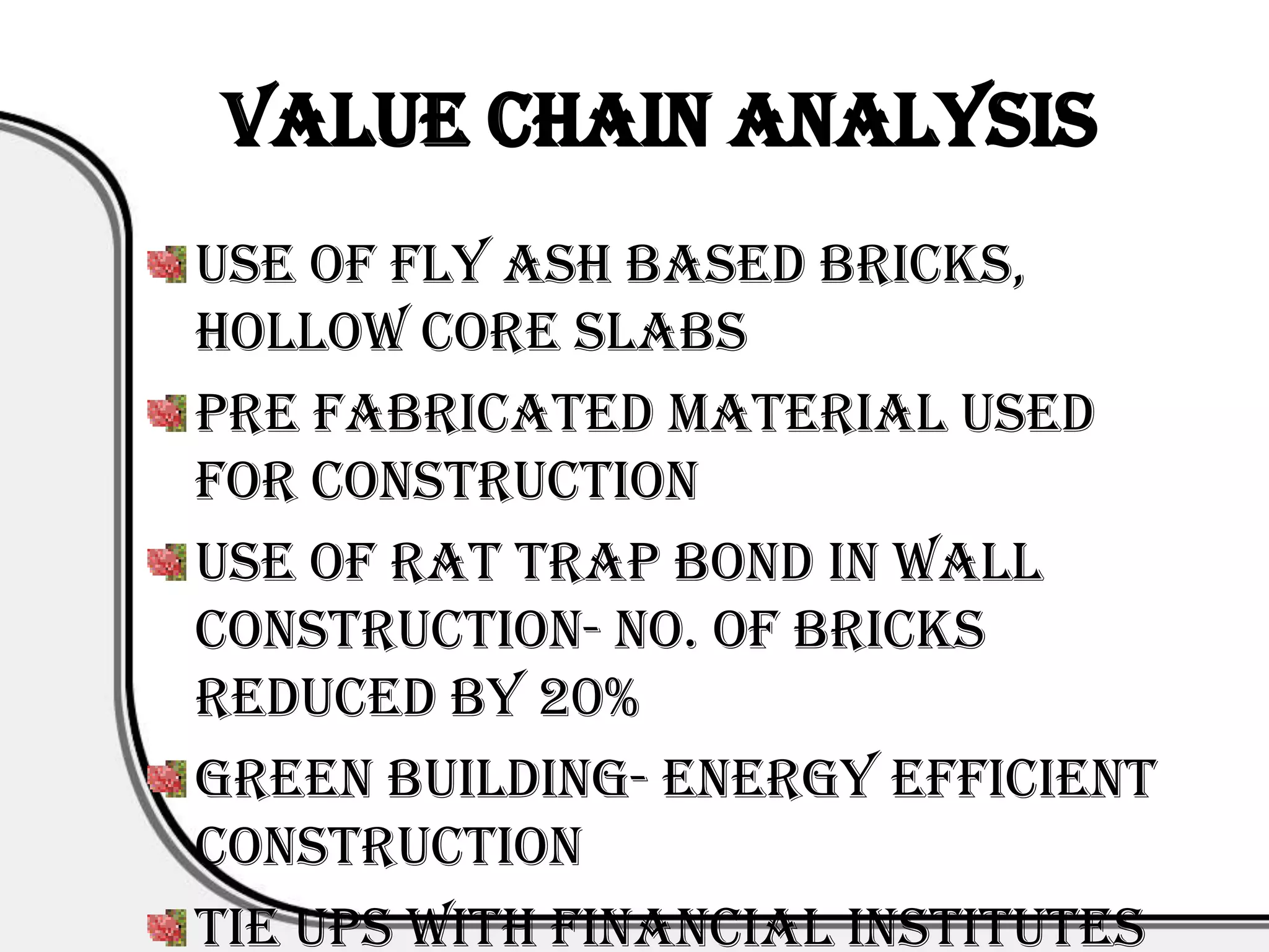Value Chain Analysis
Use of Fly Ash based bricks,
hollow core slabs
Pre fabricated material used
for construction
Use of rat trap bond in wall
construction- no. of bricks
reduced by 20%
Green Building- Energy efficient
Construction
Tie ups with financial institutes
 