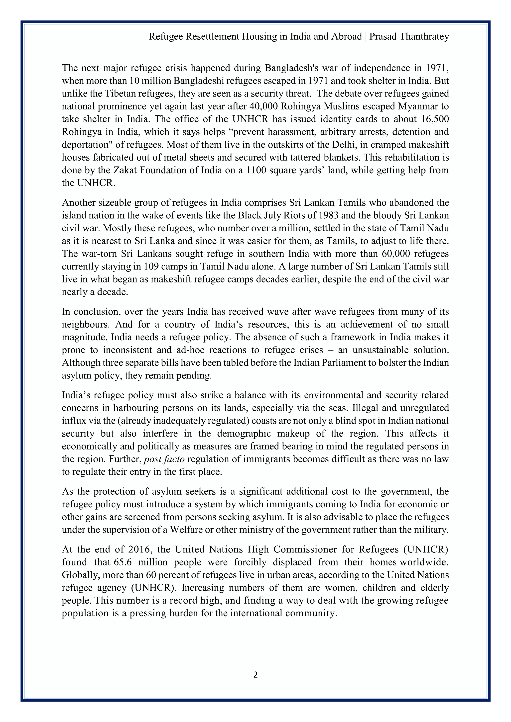 Refugee Resettlement Housing In India and Abroad- A Brief Report | PDF
