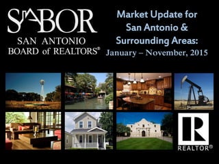 Market Update for
San Antonio &
Surrounding Areas:
January – November, 2015
 