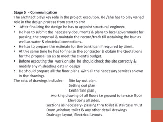 Stage 5 - Communication
The architect plays key role in the project execution. He /she has to play varied
role in the design process from start to end
• After finalizing the design he has to appoint structural engineer.
• He has to submit the necessary documents & plans to local government for
passing the proposal & maintain the record/track till obtaining the buc as
well as water & electrical connections.
• He has to prepare the estimate for the bank loan if required by client.
• At the same time he has to finalize the contractor & obtain the Quotations
for the proposal so as to meet the client’s budget.
• Before executing the work on site he should check the site correctly &
modify any misleading data in design
• He should prepare all the floor plans with all the necessary services shown
in the drawings.
The sets of drawings includes- Site lay out plan,
Setting out plan
Centerline plan ,
working drawing of all floors i.e ground to terrace floor
Elevations all sides,
sections as necessary- passing thru toilet & staircase must
Door ,window, toilet & any other detail drawings
Drainage layout, Electrical layouts
 
