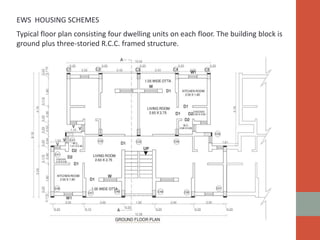Typical floor plan consisting four dwelling units on each floor. The building block is
ground plus three-storied R.C.C. framed structure.
EWS HOUSING SCHEMES
 
