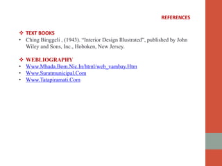  TEXT BOOKS
• Ching Binggeli , (1943). “Interior Design Illustrated”, published by John
Wiley and Sons, Inc., Hoboken, New Jersey.
 WEBLIOGRAPHY
• Www.Mhada.Bom.Nic.In/html/web_vambay.Htm
• Www.Suratmunicipal.Com
• Www.Tatapiramati.Com
REFERENCES
 