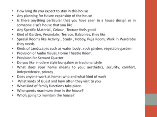 • How long do you expect to stay in this house
• Any planning for future expansion of the house
• Is there anything particular that you have seen in a house design or in
someone else’s house that you like
• Any Specific Material , Colour , Texture feels good
• Kind of Garden, Verandahs, Terrace, Balconies, they like
• Special Rooms like Activity , Study , Hobby, Puja Room, Walk in Wardrobe
they needs
• Kinds of Landscapes such as water body , rock garden, vegetable garden
• Provision of Audio Visual, Home Theatre Room,
• Provision for Servant Quarter
• Do you like modern style bungalow or tradional style
• What does your home means to you; aesthetics, security, comfort,
independence, privacy
• Does anyone work at home; who and what kind of work
• What kinds of Guest and how often they visit to you
• What kind of family functions take place.
• Who spents maximum time in the house?
• Who’s going to maintain the house?
 