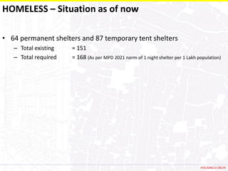 HOMELESS – Situation as of now

• 64 permanent shelters and 87 temporary tent shelters
   – Total existing   = 151
   – Total required   = 168 (As per MPD 2021 norm of 1 night shelter per 1 Lakh population)




                                                                                 HOUSING in DELHI
 