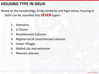 HOUSING TYPE IN DELHI
Based on the morphology, living condition and legal status, housing in
  Delhi can be classified into SEVEN types–

       1.   Homeless
       2.   JJ Cluster
       3.   Resettlement Colonies
       4.   Regularized & Unauthorized colonies
       5.   Urban Villages
       6.   Walled city and extension
       7.   Planned colonies




                                                                HOUSING in DELHI
 