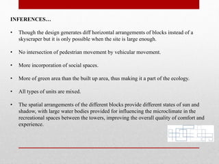 INFERENCES…
• Though the design generates diff horizontal arrangements of blocks instead of a
skyscraper but it is only possible when the site is large enough.
• No intersection of pedestrian movement by vehicular movement.
• More incorporation of social spaces.
• More of green area than the built up area, thus making it a part of the ecology.
• All types of units are mixed.
• The spatial arrangements of the different blocks provide different states of sun and
shadow, with large water bodies provided for influencing the microclimate in the
recreational spaces between the towers, improving the overall quality of comfort and
experience.
 