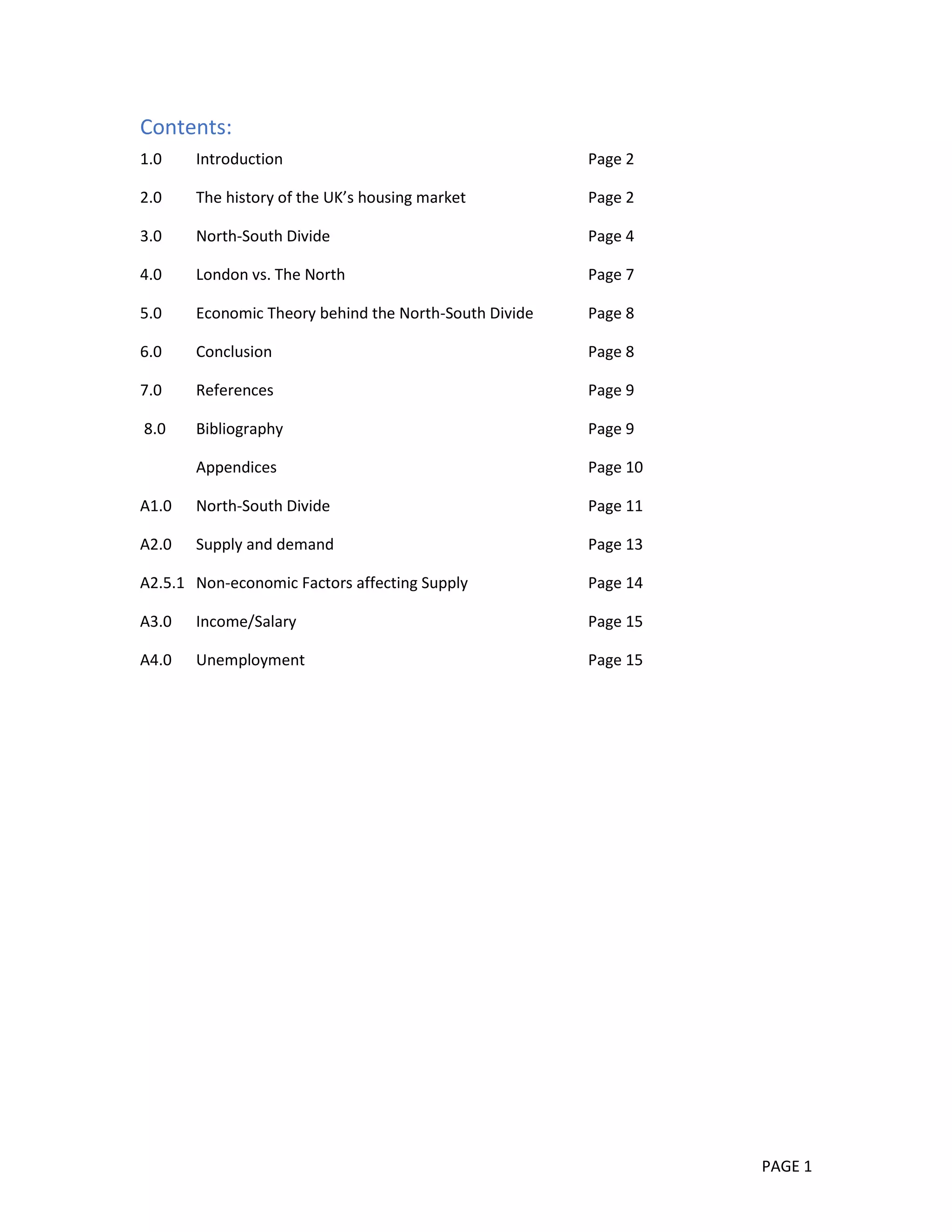 PAGE 1
Contents:
1.0 Introduction Page 2
2.0 The history of the UK’s housing market Page 2
3.0 North-South Divide Page 4
4.0 London vs. The North Page 7
5.0 Economic Theory behind the North-South Divide Page 8
6.0 Conclusion Page 8
7.0 References Page 9
8.0 Bibliography Page 9
Appendices Page 10
A1.0 North-South Divide Page 11
A2.0 Supply and demand Page 13
A2.5.1 Non-economic Factors affecting Supply Page 14
A3.0 Income/Salary Page 15
A4.0 Unemployment Page 15
 
