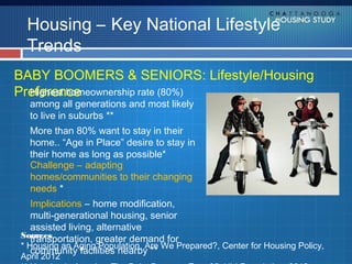 Housing – Key National Lifestyle
 Trends
BABY BOOMERS & SENIORS: Lifestyle/Housing
Preference
  Highest homeownership rate (80%)
  among all generations and most likely
  to live in suburbs **
  More than 80% want to stay in their
  home.. “Age in Place” desire to stay in
  their home as long as possible*
  Challenge – adapting
  homes/communities to their changing
  needs *
   Implications – home modification,
   multi-generational housing, senior
   assisted living, alternative
Sources
   transportation, greater demand for
* Housing an Aging Population, Are We Prepared?, Center for Housing Policy,
   community facilities nearby **
April 2012
 
