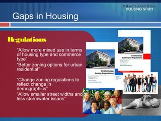 Gaps in Housing

Regulations
  “Allow more mixed use in terms
  of housing type and commerce
  type”
  “Better zoning options for urban
  residential”

  “Change zoning regulations to
  reflect change in
  demographics”
  “Allow smaller street widths and
  less stormwater issues”
 