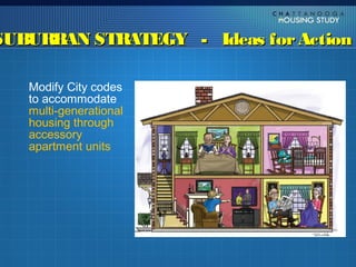 SUBURBAN STRATEGY - Ideas for Action

   Modify City codes
   to accommodate
   multi-generational
   housing through
   accessory
   apartment units
 