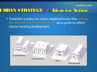 URBAN STRATEGY - Ideas for Action
   Establish a policy for urban neighborhoods that defines
    the desired mix of housing types as a guide to inform
    future housing development
 