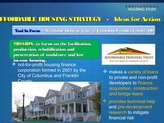 AFFORDABLE HOUSING STRATEGY - Ideas for Action
     Tool In Focus – Affordable Housing Trust of Columbus/
                                                         Franklin County, OH


    MISSION: to focus on the facilitation,
    production, rehabilitation and
    preservation of workforce and low
    income housing.
     not-for-profit housing finance
      corporation formed in 2001 by the           makes a variety of loans
      City of Columbus and Franklin                to private and non-profit
      County                                       developers to finance
                                                   acquisition, construction
                                                   and bridge loans
                                                  provides technical help
                                                   and pre-development
                                                   research to mitigate
                                                   financial risk
 