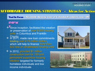 AFFORDABLE HOUSING STRATEGY - Ideas for Action
     Tool In Focus – Affordable Housing Trust of Columbus/
                                                         Franklin County, OH

    IMPAC
   TSince inception, facilitated the creation
     or preservation of over 6,000 housing
     units in Columbus and Franklin
     County.
    In 2011, made new loan commitments
     totaling over 6.75 million dollars,
                                dollars
     which will help to finance more than
     523 new or rehabilitated housing units
    In 2012, provided $1 million
     construction loan for 100-unit
     permanent supportive housing
     initiative targeted for formerly
     homeless individuals and low
     income individuals
 