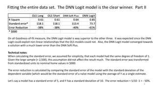 8
Fitting the entire data set. The DNN Logit model is the clear winner. Part II
On all Goodness-of-fit measure, the DNN Logit model is way superior to the other three. It was expected since the DNN
Logit could exploit non-linear relationships that the OLS models could not. Also, the DNN Logit model converged towards
a solution with a much lower error than the DNN Soft Plus.
Technical notes:
When calculating the standard error, we assumed for simplicity, that each model had the same degree of freedom of 1.
Given the large sample (> 2,500), this assumption did not affect the result much. The standard error was transformed
from standardized units to nominal home values in $000.
The error reduction is calculated by comparing the standard error of the model with the standard deviation of the
dependent variable (which would be the standard error of a naïve model using the average of Y as a single estimate.
Let’s say a model has a standard error of 5, and Y has a standard deviation of 10. The error reduction = 5/10 -1 = - 50%.
 