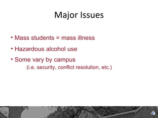 Major Issues Mass students = mass illness Hazardous alcohol use Some vary by campus  (i.e. security, conflict resolution, etc.)  