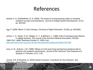 References Edwards, K. E. & McKelfresh, D. A. (2002). The impact of a living learning center on students’  academic success and persistence.  Journal of College Student Development, 43  (3),  pp. 395-402.   Fogg, P. (2008, March 7). Dorm therapy.  Chronicle of Higher Education, 54  (26), pp. B24-B25.   Harrison, L. H., Dwyer, D. M., Maples, C. T., & Billmann, L. (1999). Risk of meningococcal infection  in college students.  The Journal of the American Medical Association ,  281 (20),  1906-1910.  JAMA . Retrieved October 21, 2009, from http://jama.ama-assn.org.proxy.lib.pdx.edu/cgi/content/full/jama%3B281/20/1906   Kanoy, K. W., & Bruhn, J.W. (1996). Effects of a first year living and learning residence hall on  retention and academic performance.  Journal of the Freshman Year Experience &  Students in Transition, 8  (1), 7-23.   Komives, S.R. & Woodard, D. (2003)  Student services: a handbook for the profession.  San  Francisco: Jossey Bass. )  Palmer, C., Broido, E., & Campbell, J. (2008) A commentary on “The educational role in college  student housing.”  Journal of College & University Student Housing, 35  (2), pp. 86-89. 