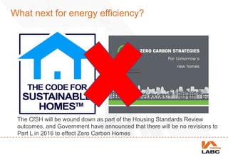 What next for energy efficiency?
The CfSH will be wound down as part of the Housing Standards Review
outcomes, and Government have announced that there will be no revisions to
Part L in 2016 to effect Zero Carbon Homes
 
