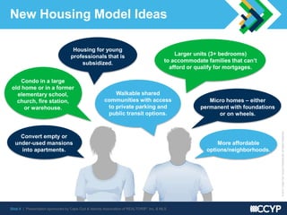 Slide 8 | Presentation sponsored by Cape Cod & Islands Association of REALTORS®, Inc. & MLS
©2015CapeCodYoungProfessionals.AllRightsReserved.
New Housing Model Ideas
Convert empty or
under-used mansions
into apartments.
Condo in a large
old home or in a former
elementary school,
church, fire station,
or warehouse.
Housing for young
professionals that is
subsidized.
Walkable shared
communities with access
to private parking and
public transit options.
Larger units (3+ bedrooms)
to accommodate families that can’t
afford or qualify for mortgages.
More affordable
options/neighborhoods.
Micro homes – either
permanent with foundations
or on wheels.
 